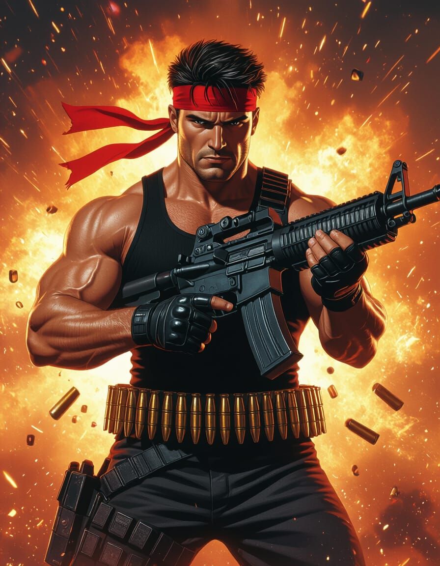 Cinematic Action Hero in Explosive Scene