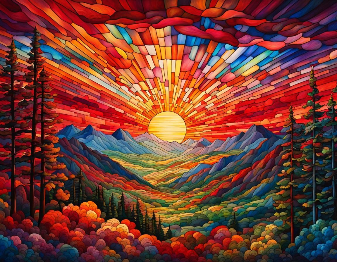 Stained Glass Sky Over Mountains in Mixed Media