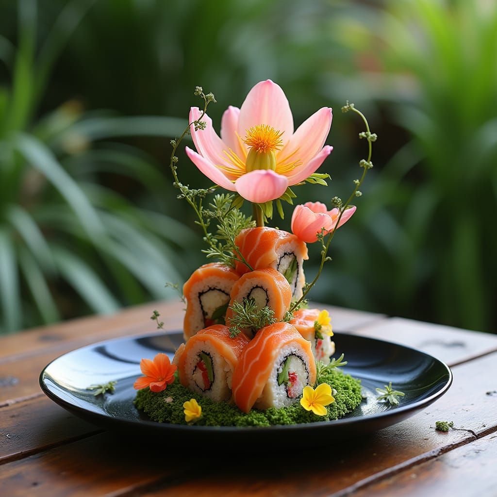 Sushi Flower Food Art on Black Plate
