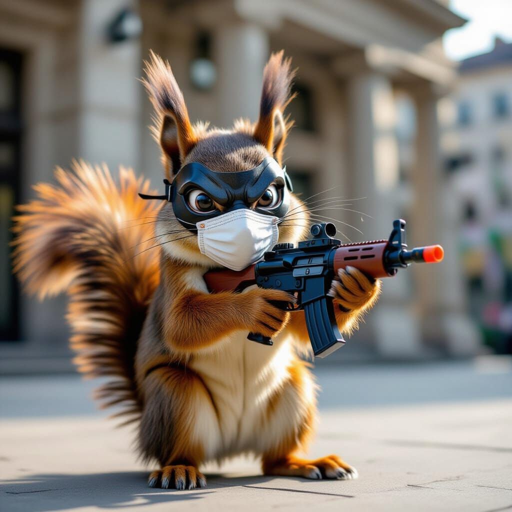 Squirrel Bank Robbery with Toy Gun in Bright Colors