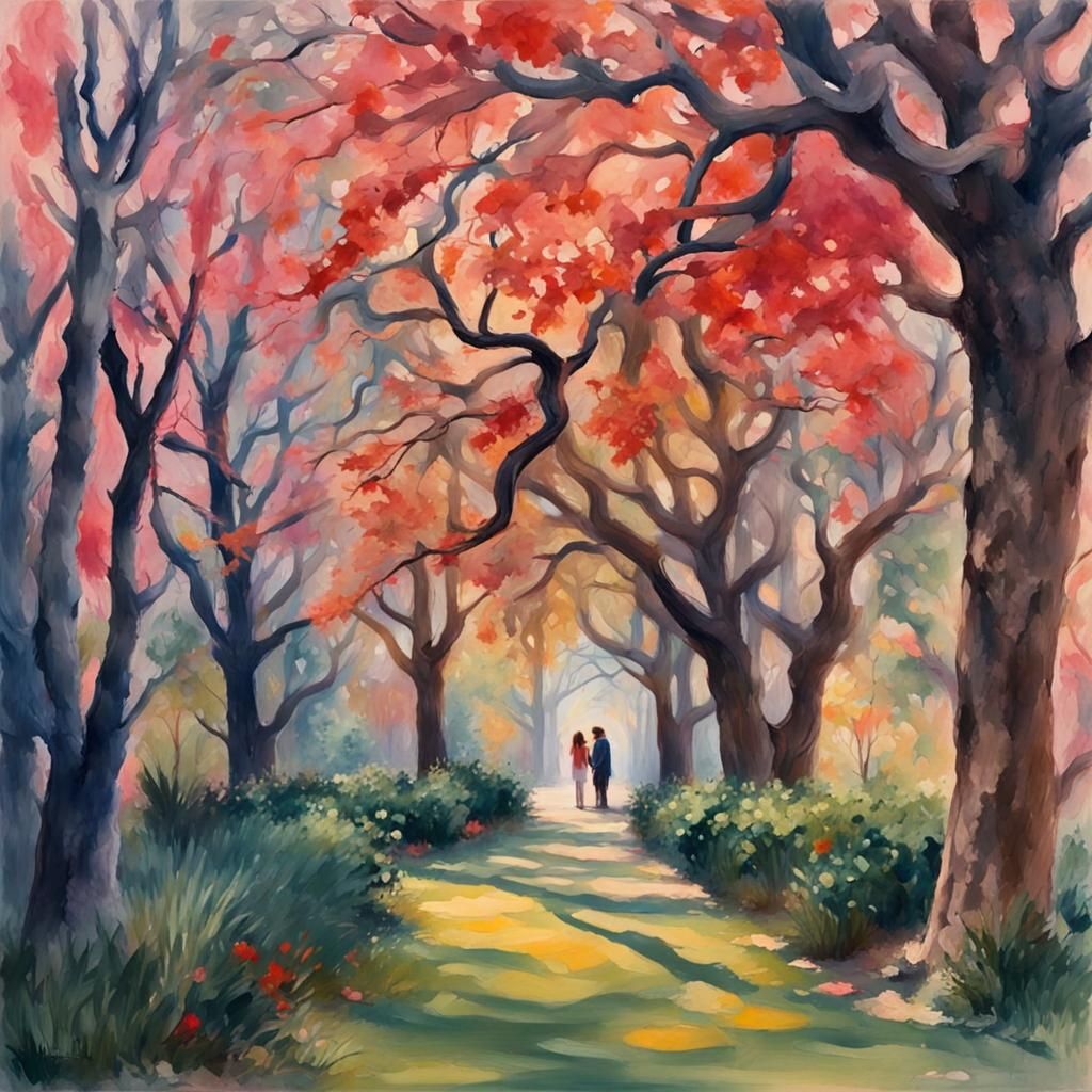 Romantic Embrace in Gouache Style: Impressionist Masterpiece