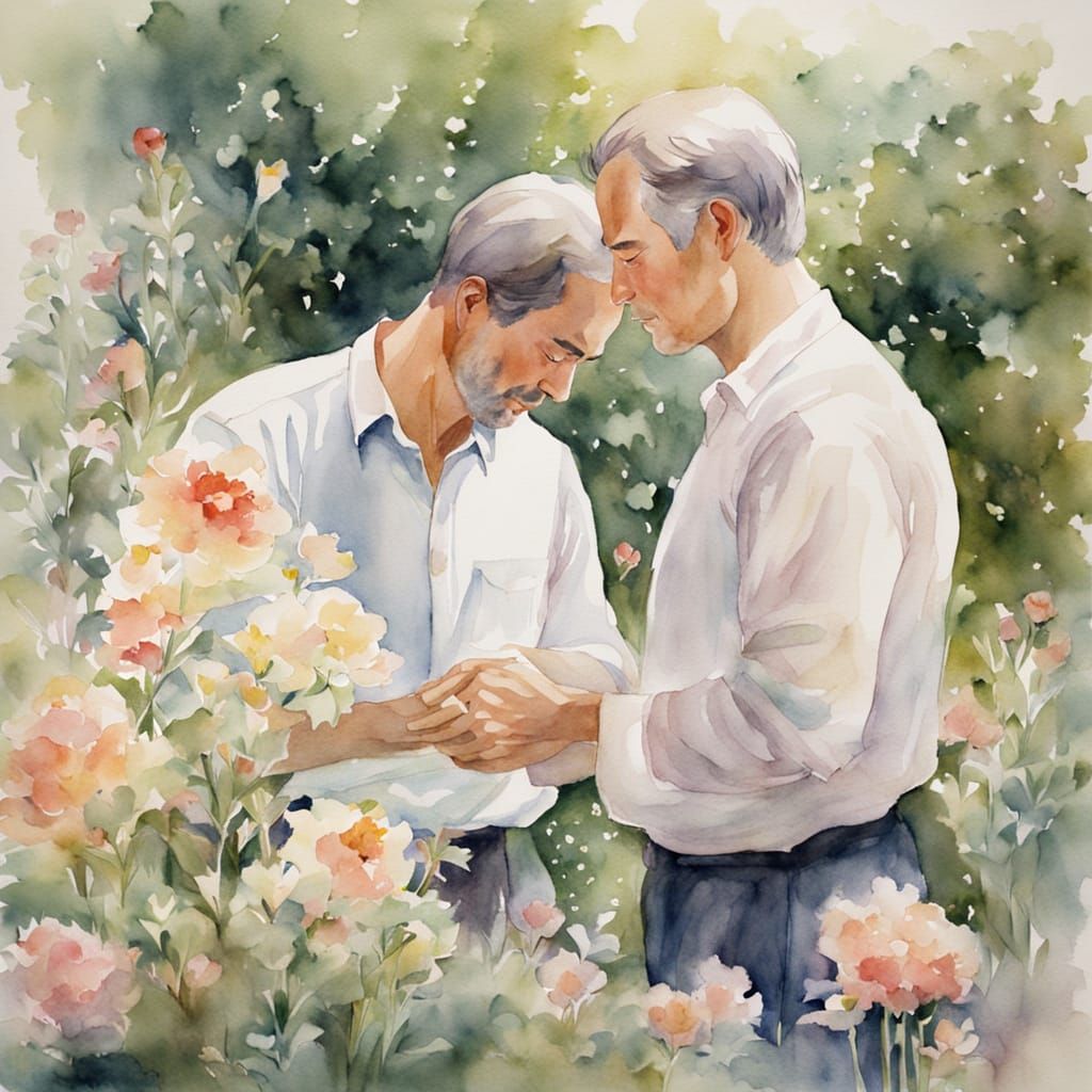 Two Men Embrace in Peaceful Garden Watercolor