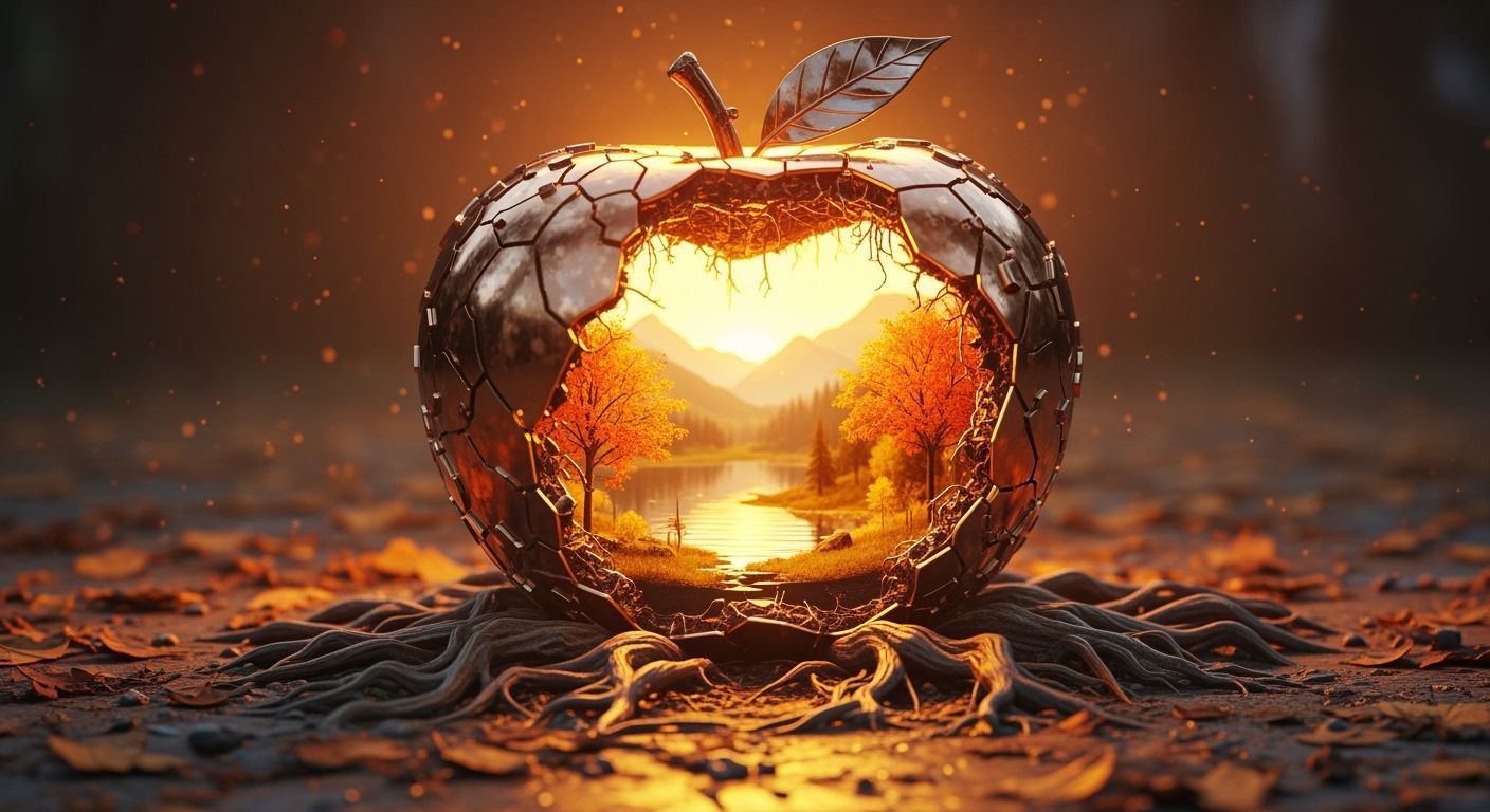 Cracked Metallic Apple Reveals Autumn Landscape