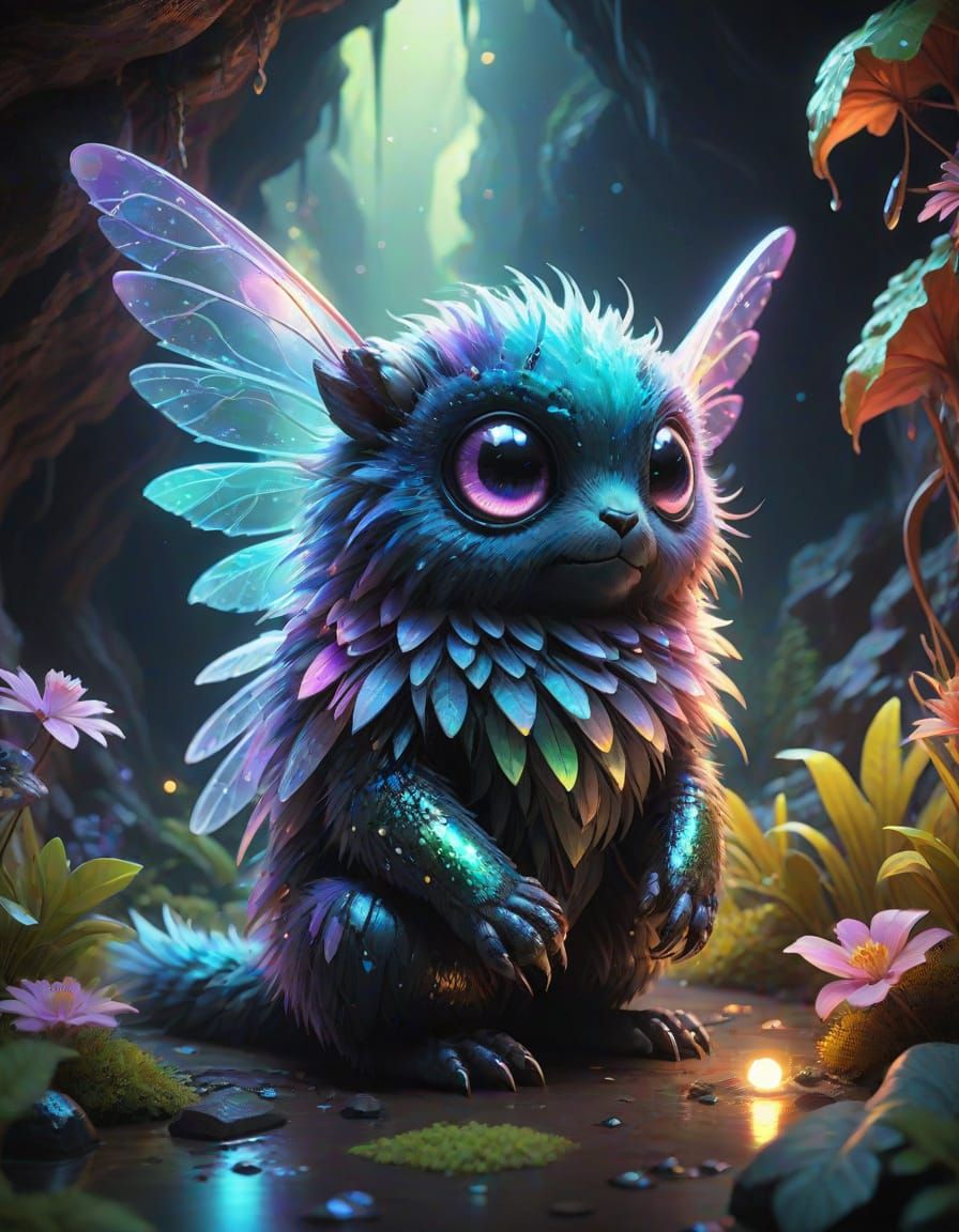 Glowing, Iridescent Fuzzy Creature in Neon Crystal Cave