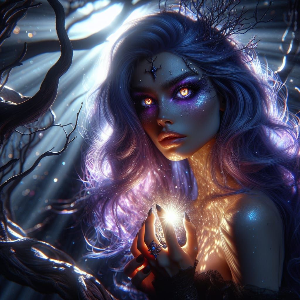 Enchanted Drow Maiden Illuminated in Mystical Forest