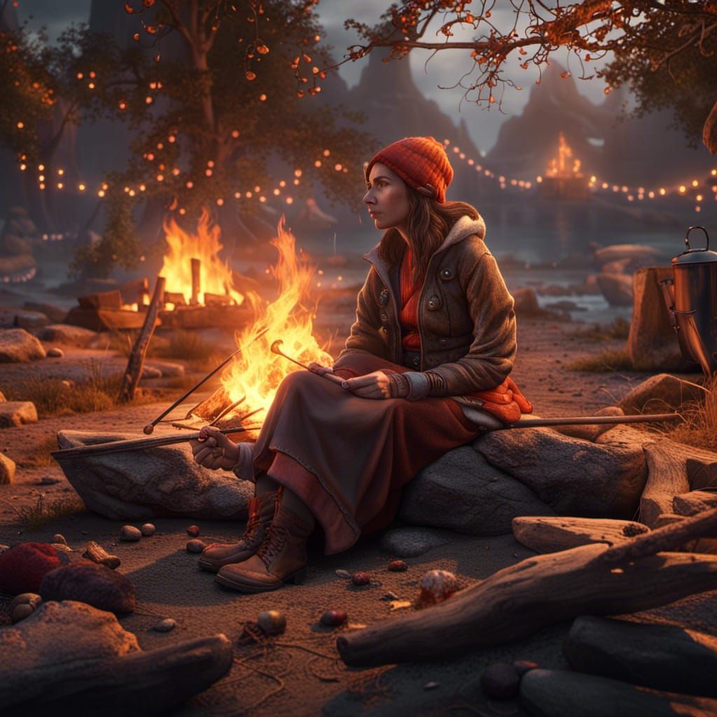 Woman Around Campfire, Detailed Matte Painting