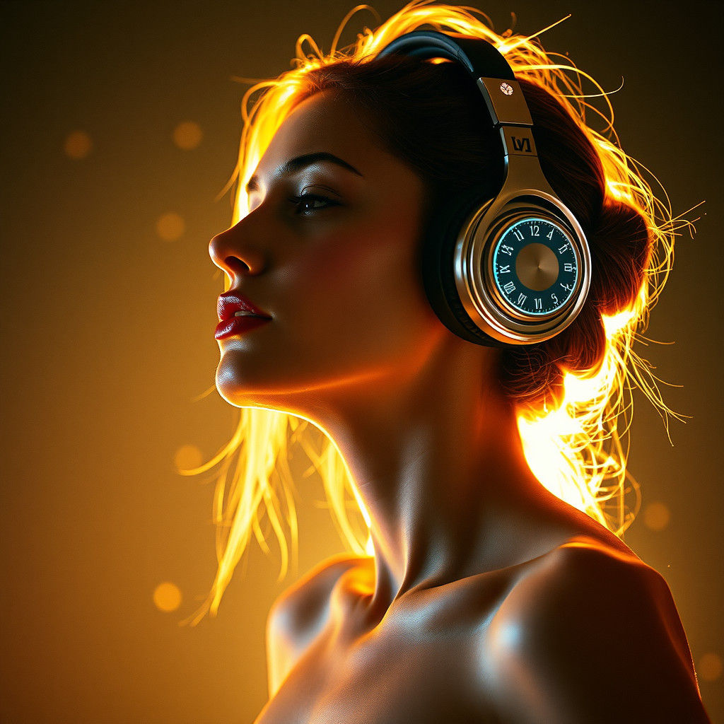 Ethereal Woman Immersed in Music, Cinematic Portrait