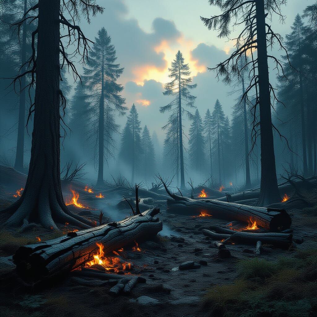 Charred Forest Aftermath in Detailed Matte Painting Style