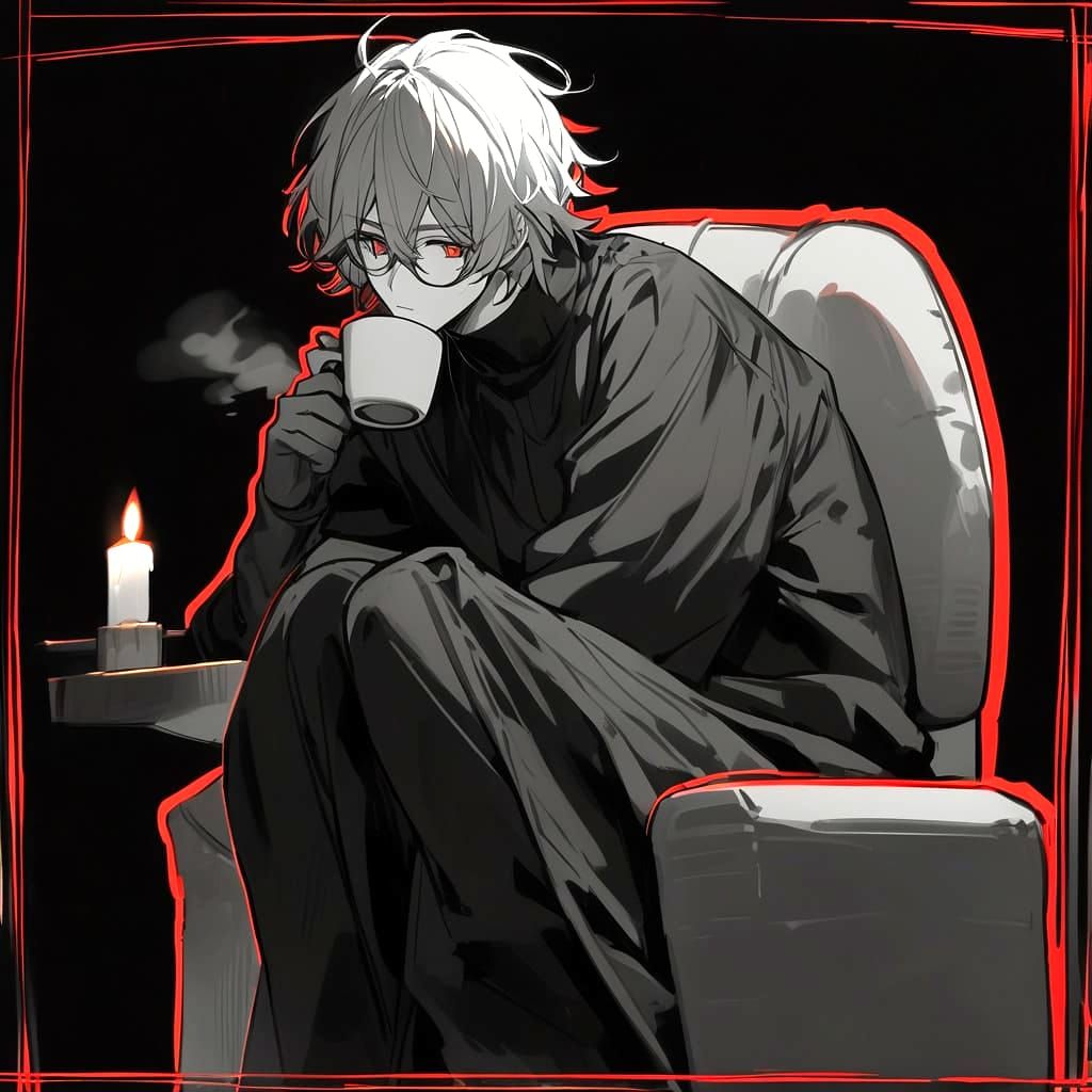 Fox-Eared Boy in Monochrome with Red Accents