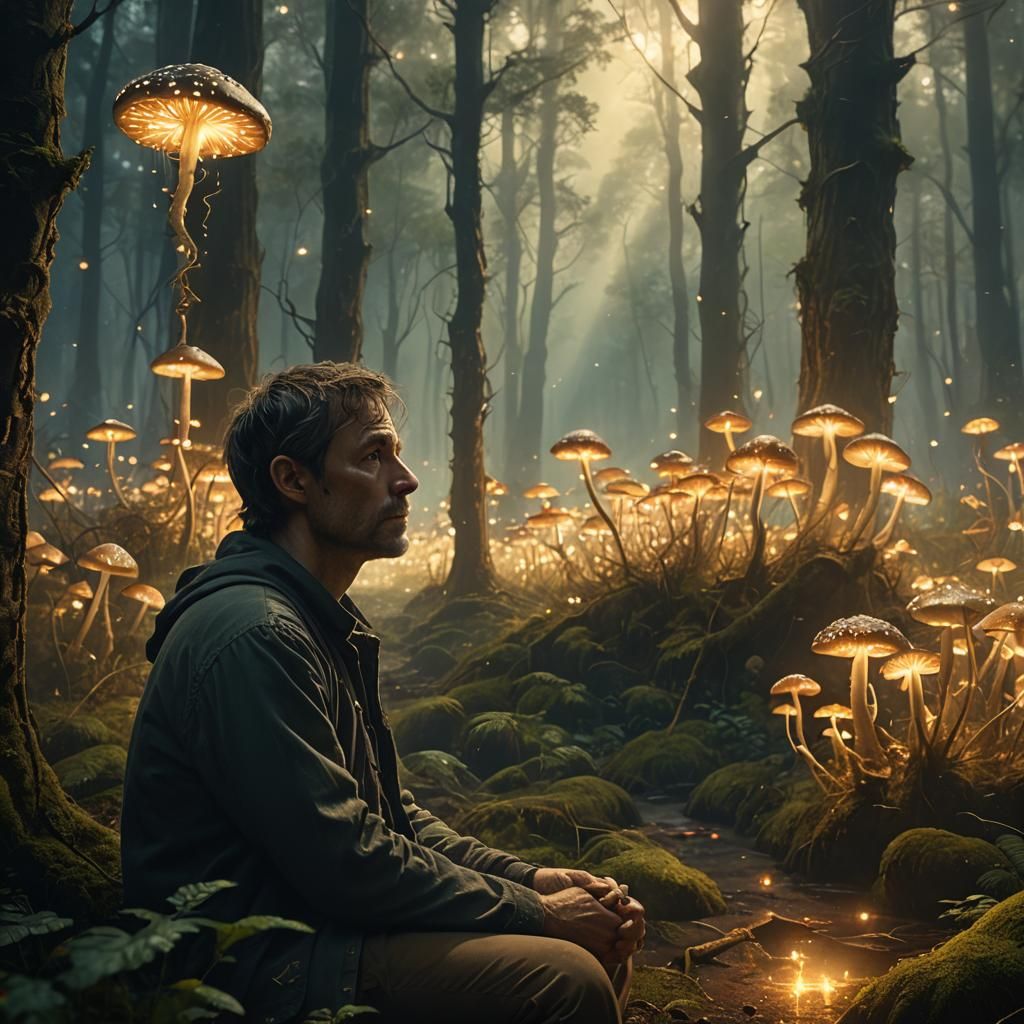 Mystical Forest Contemplation in Golden Light