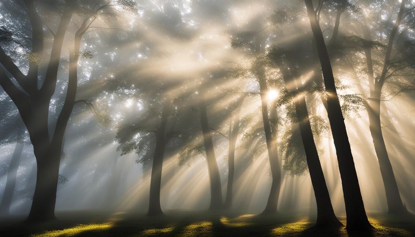 Ethereal Light Beams Through Foggy Shadows