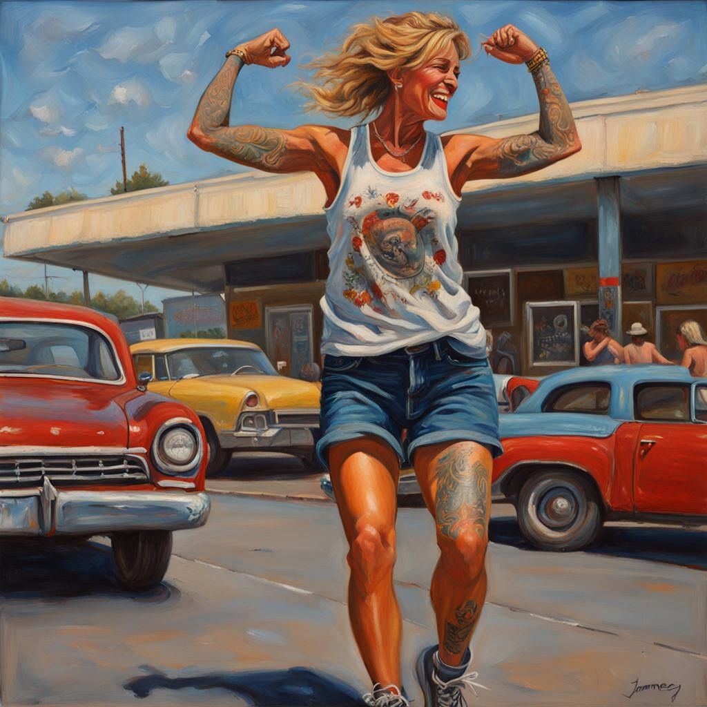 Joyful Tattooed Woman Dancing, Oil Painting