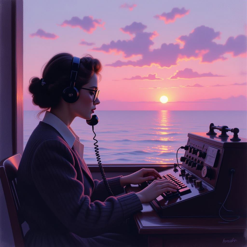 Dawn Seascape: Telephone Operator in Charcoal Style