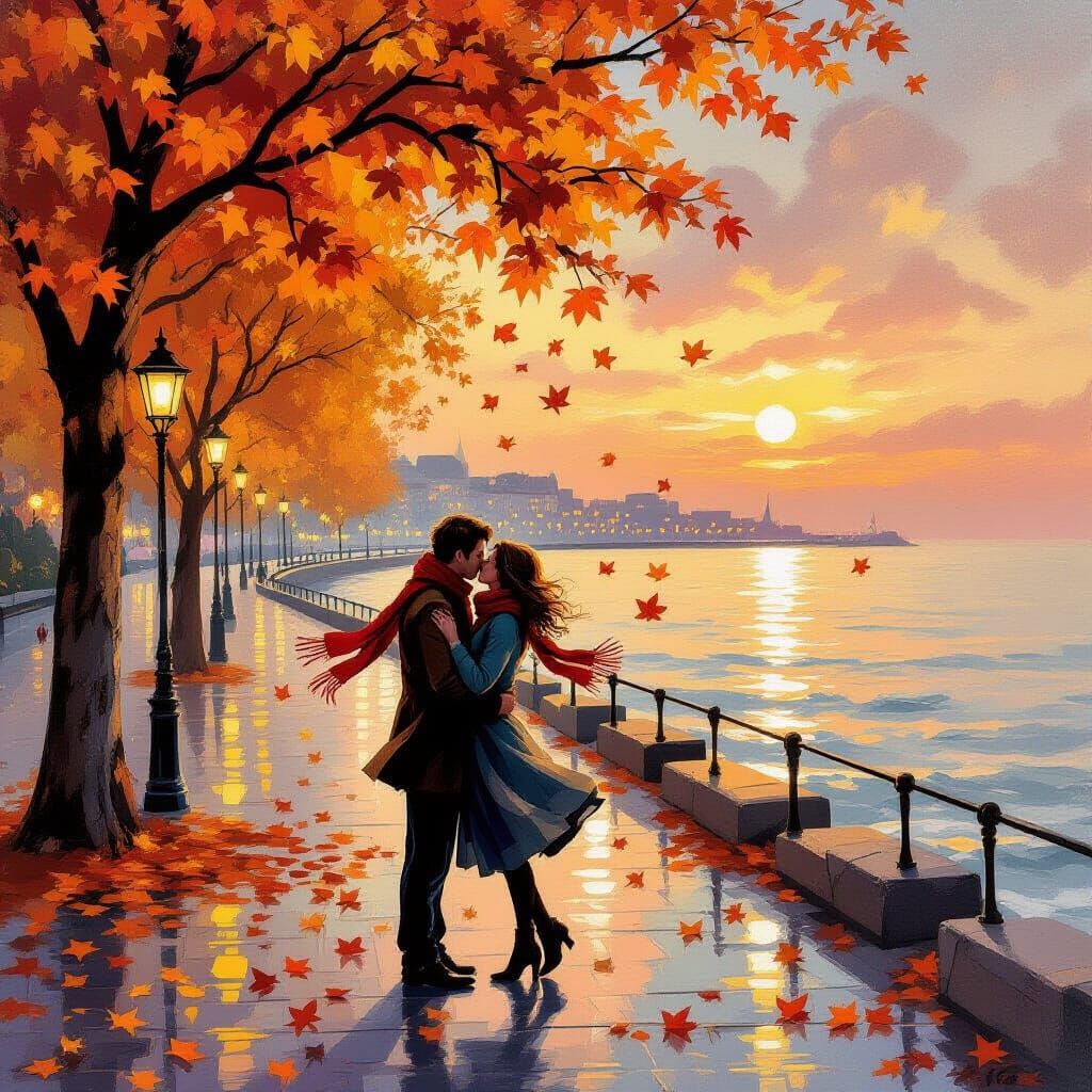 Romantic Seaside Kiss in Vintage Oil Painting