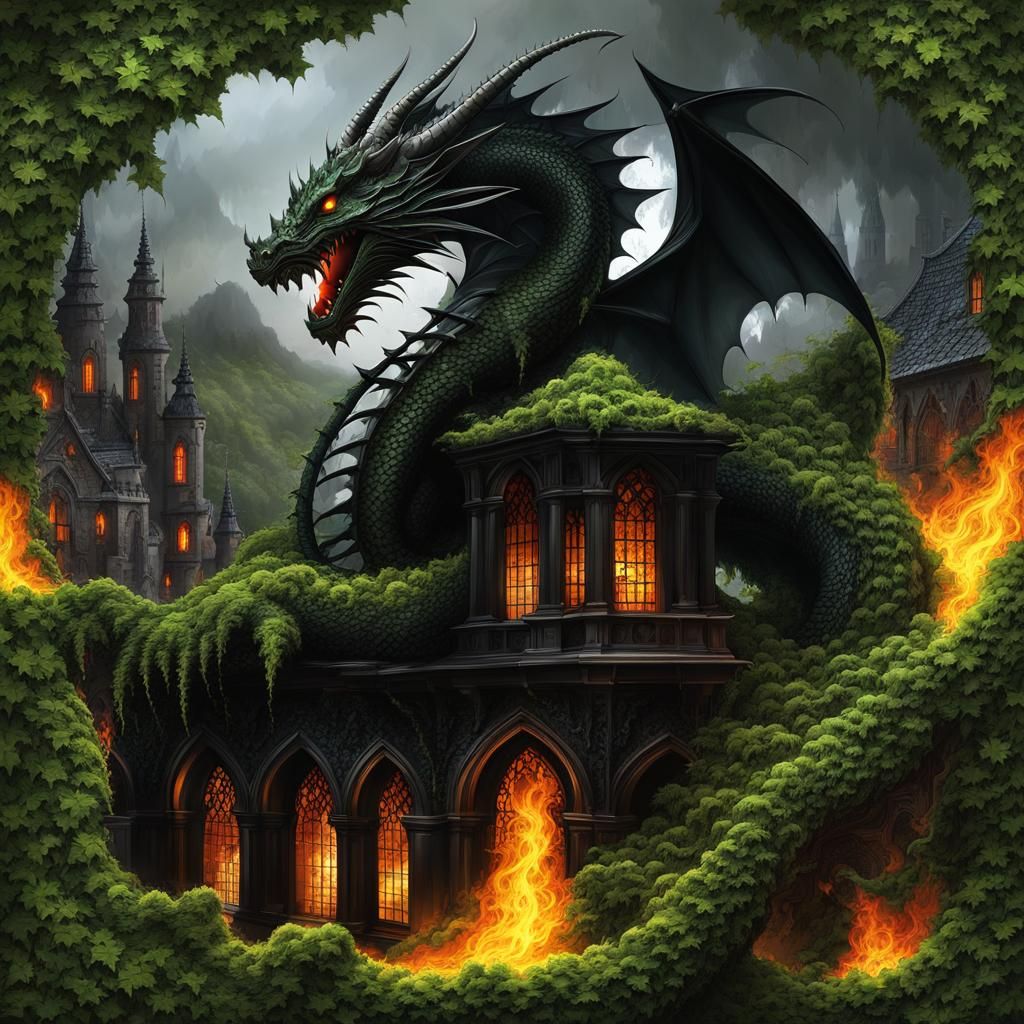 Black Dragon in Gothic Town with Fire