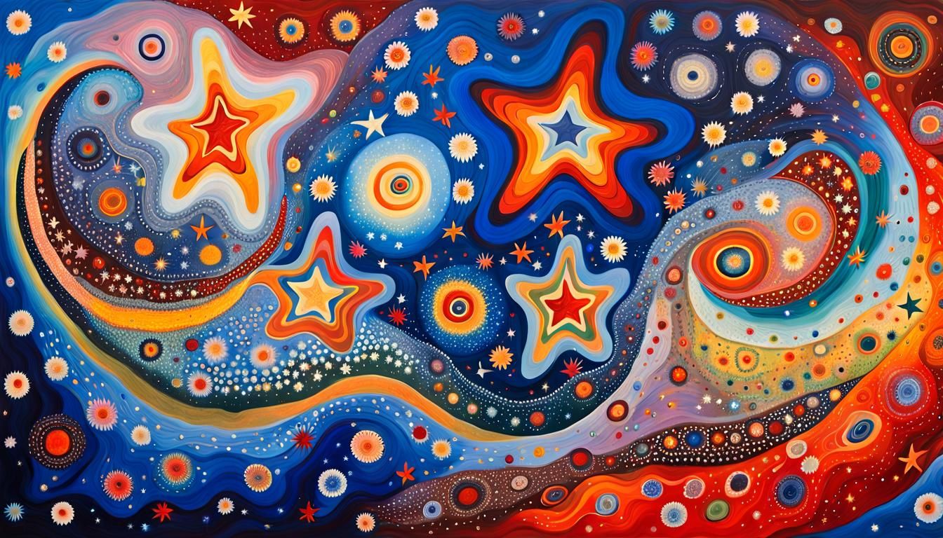 Dreamtime Painting: Cosmic Whirlpools Forming Iridescent Sta...