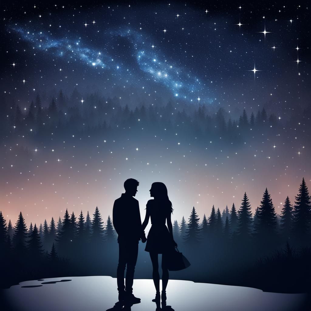 Romantic Silhouette of Couple Under Starry Night