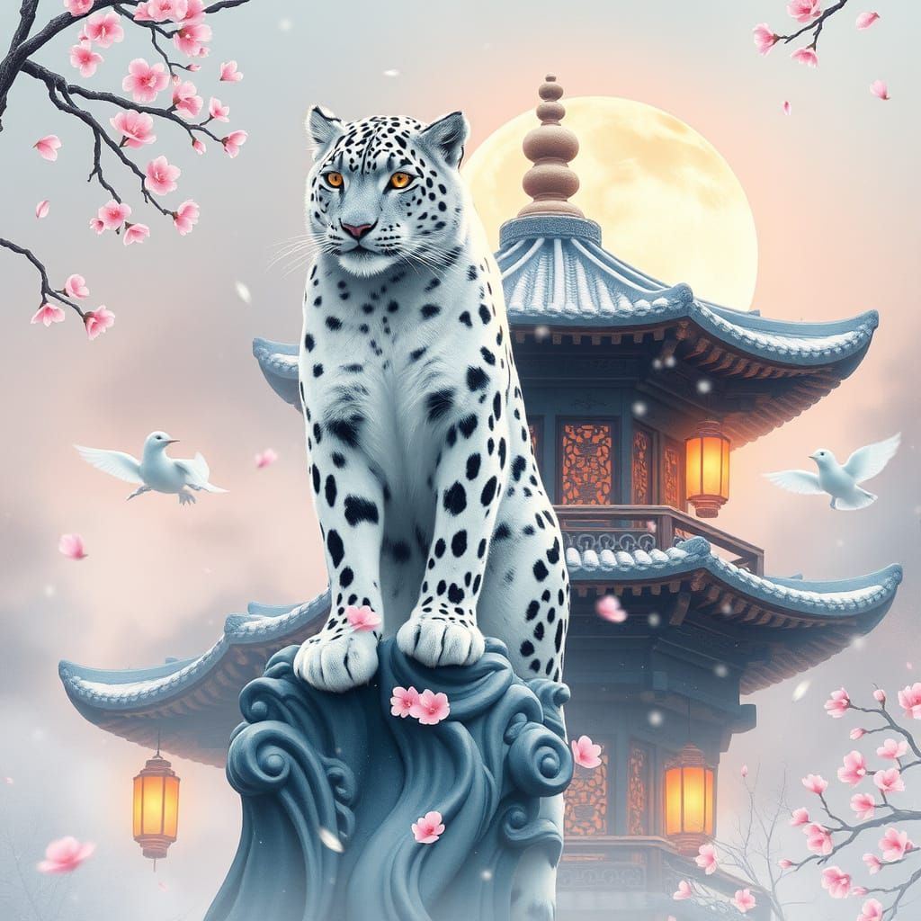 Snow Leopard Adorned with Cherry Blossoms on Pagoda at Dawn
