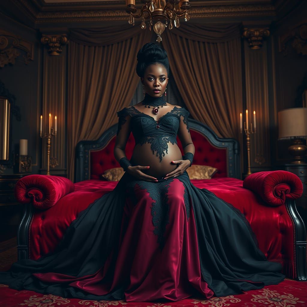 Regal Gothic Pregnant Woman in Luxurious Mansion