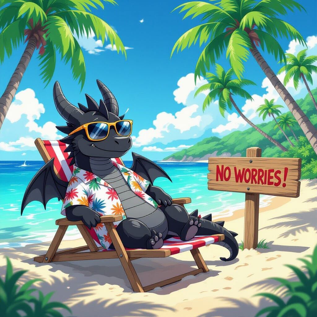 Dragon Vacation on Tropical Beach in Anime Style