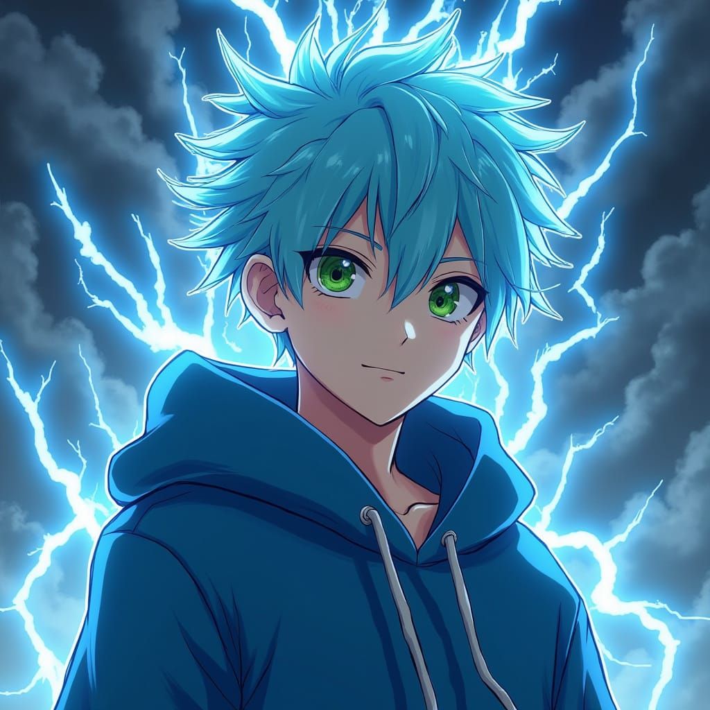 Anime Character with Electric Hair and Stormy Background in ...