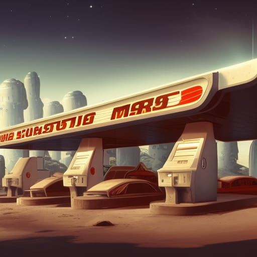 Retro Gas Station on Mars: Detailed Matte Painting