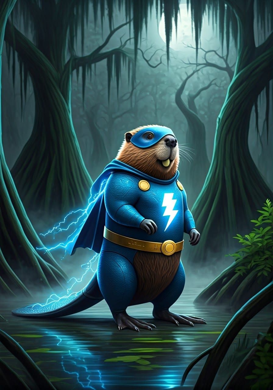 Electric Hero Beaver in Moonlit Swamp