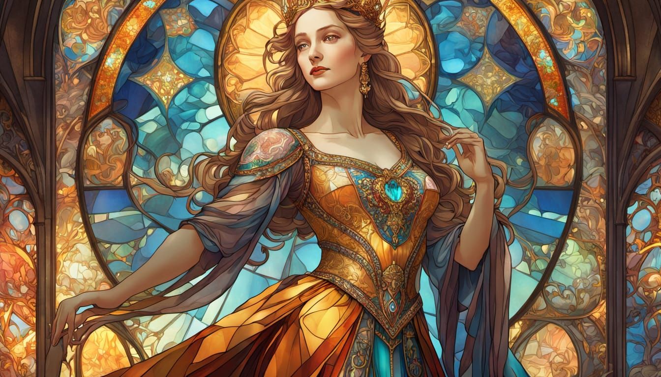 Queen in Stained Glass Dress, Golden Hour Light