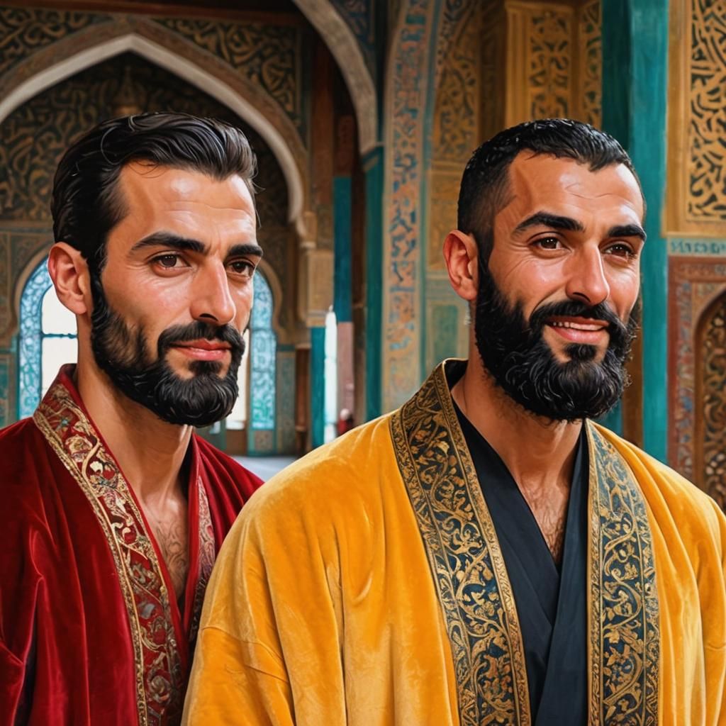 Two Men in Persian Mosque, Gouache Impressionist Style