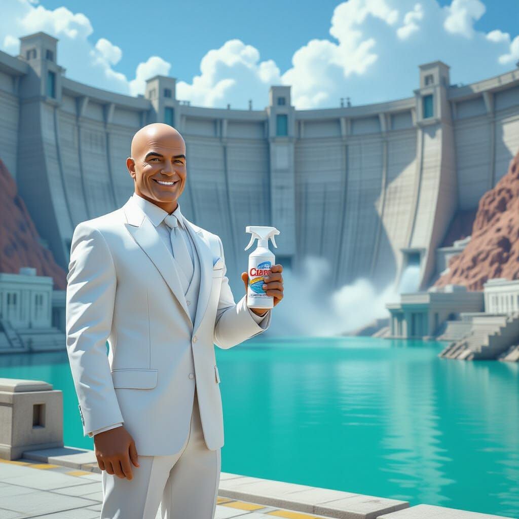 Mr. Clean at Towering Dam in Futuristic Style