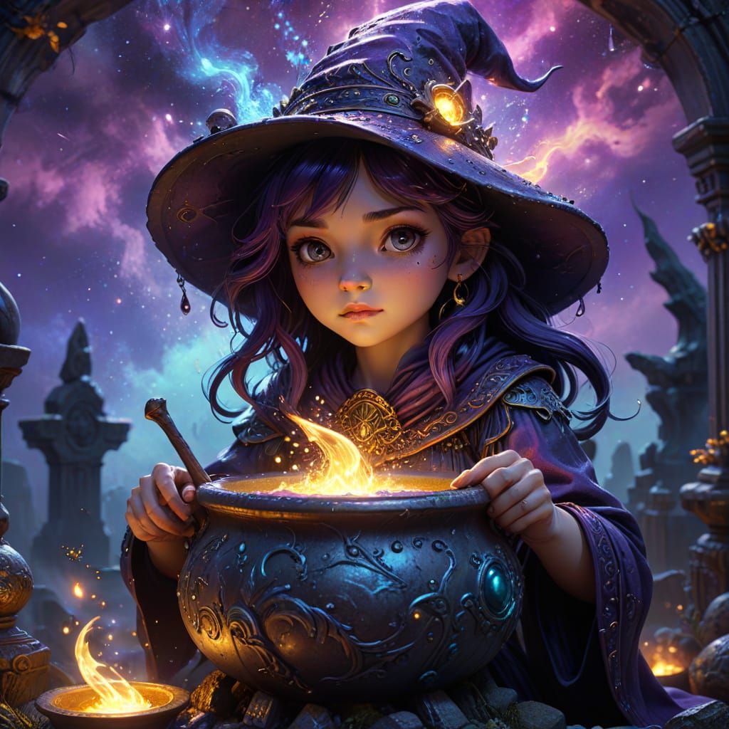 Chibi Witch Stirs Cosmic Cauldron in Moody Graveyard