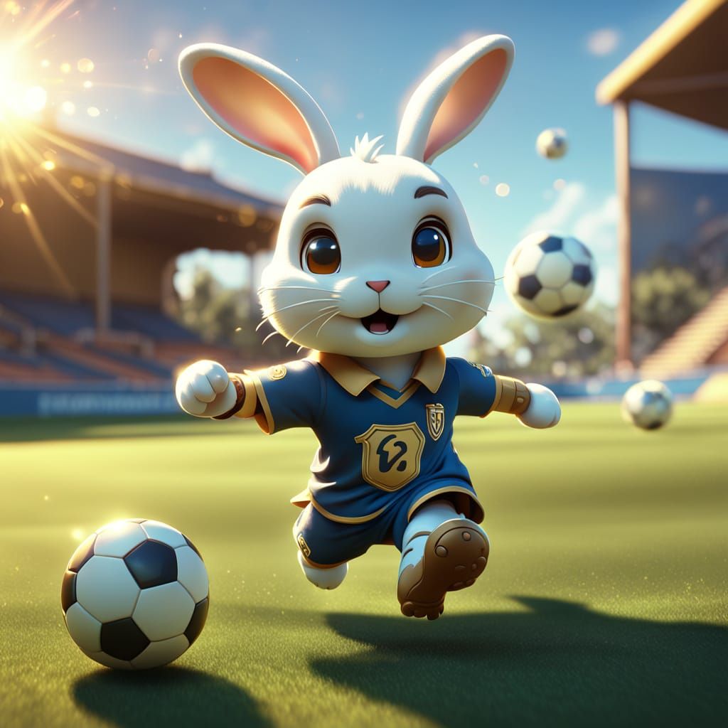 Chibi Rabbit Kicking Soccer Ball in Sunlight