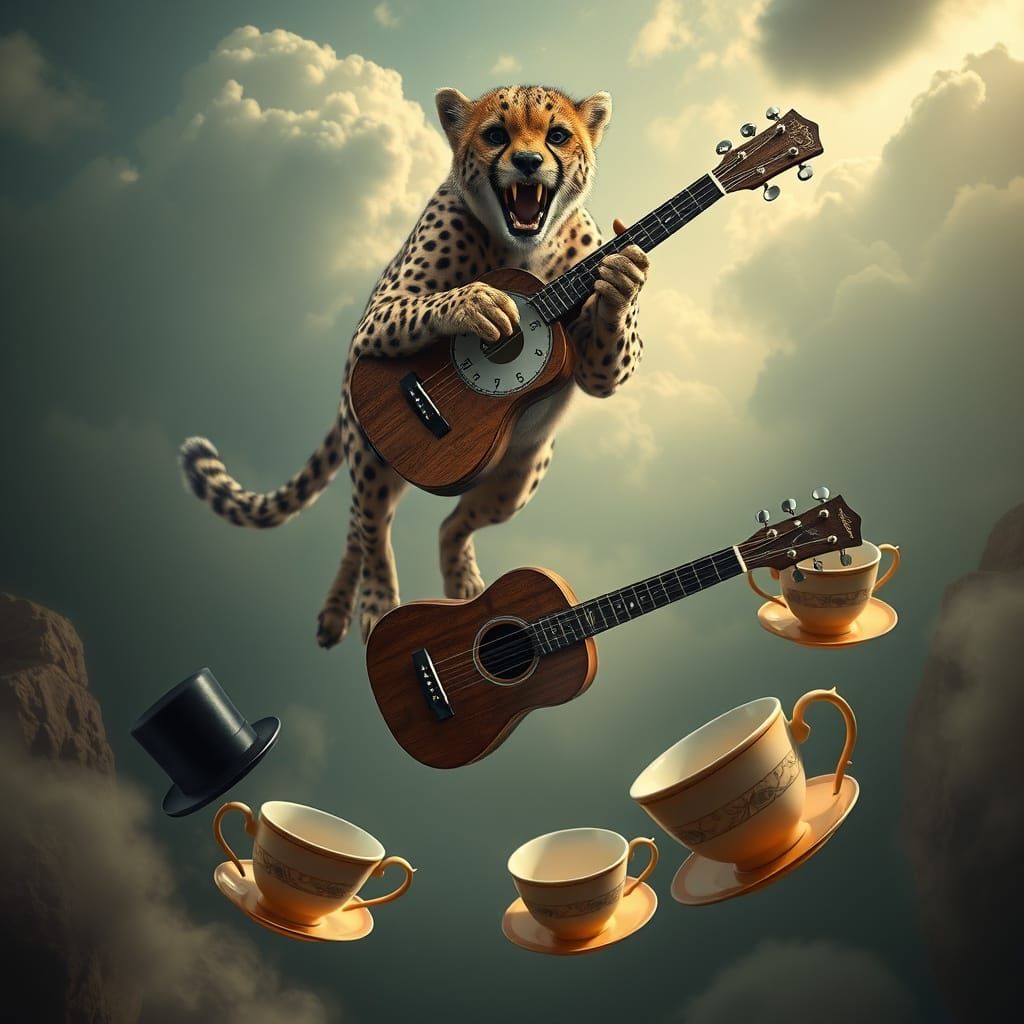 Cheetah Soars with Clock, Ukulele, Top Hat, and Teacups in a...