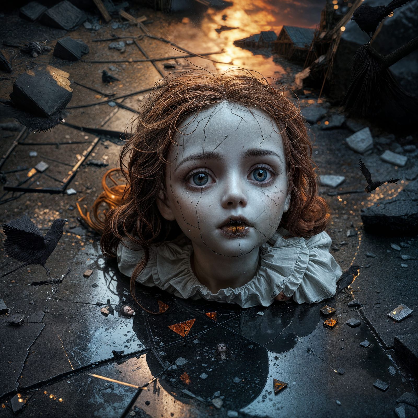 Abandoned Porcelain Doll in Surreal Grief Scene