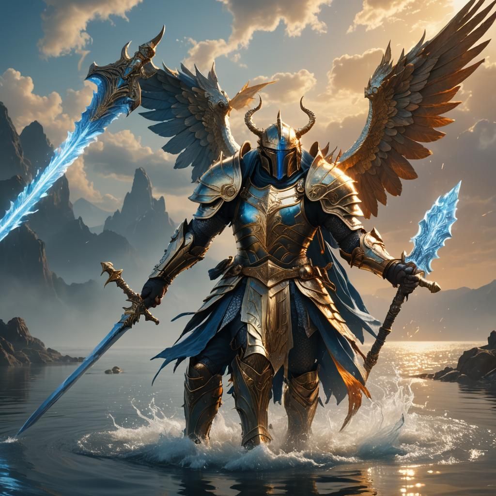 Armored God Walking on Water with Flame Sword
