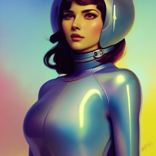 Retro-Futuristic Serenity Blue Woman Portrait