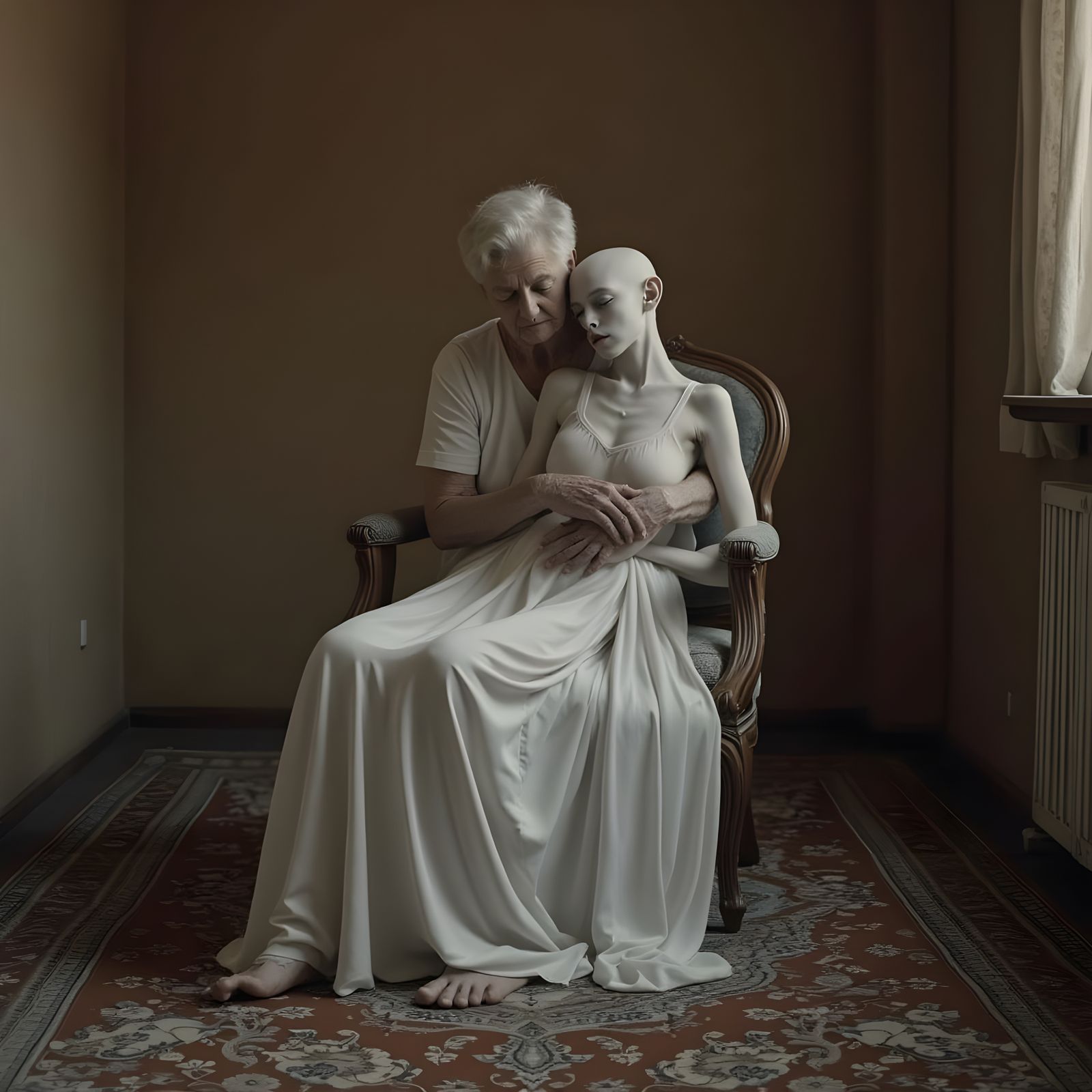 Emotional Grandmother and Androgynous Figure in White