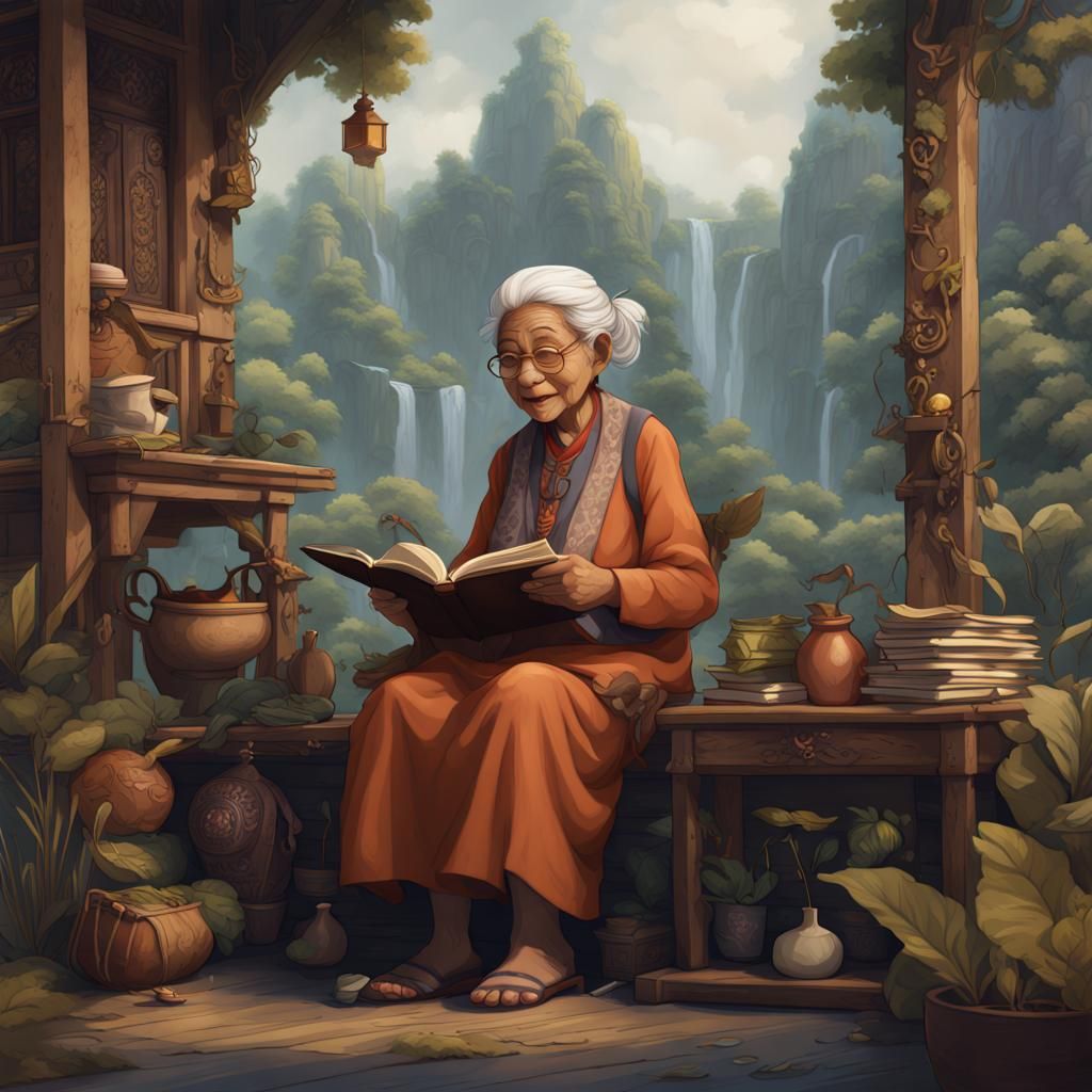 Indonesian Old Lady in Children's Book Style