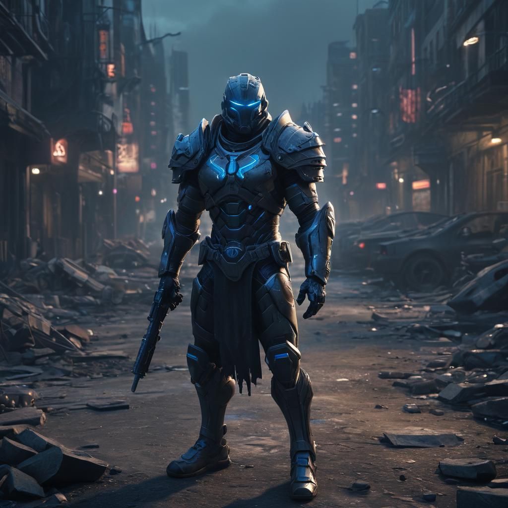 Cyberpunk Nephilim Warrior on Ruined City Street