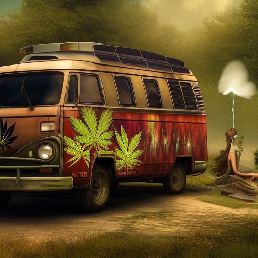 Psychedelic Hippie Van Art: Detailed Matte Painting