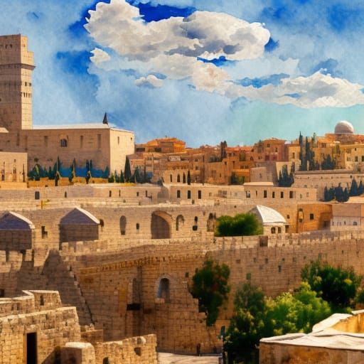 Old City Jerusalem Passover in Gouache Style