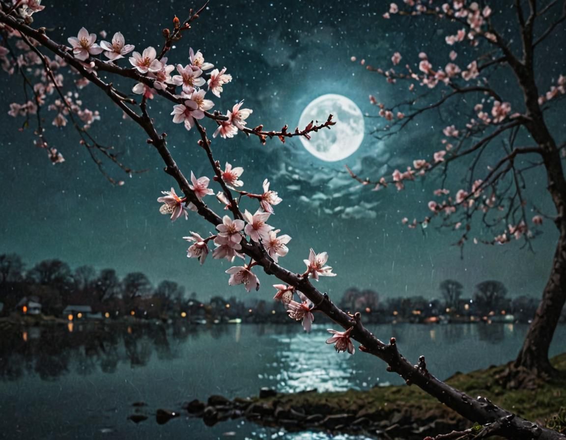 Cyberpunk Cherry Blossom Dirge on Moonlit Night