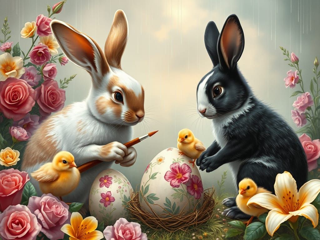 Bunnies and Chicks Painting Easter Eggs in Vintage Style