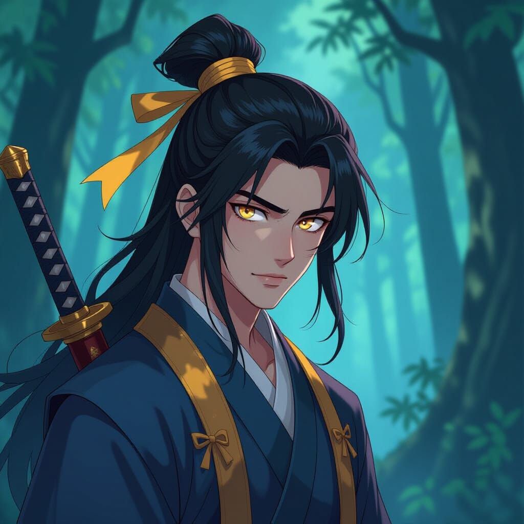 Anime Swordsman with Black Hair and Yellow Eyes in Forest