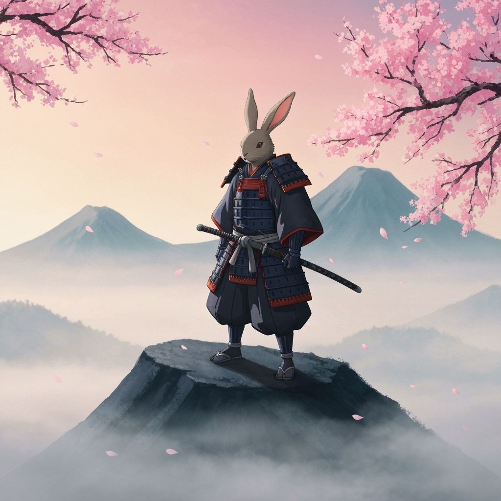 Samurai Rabbit on Misty Mountain Peak at Dawn