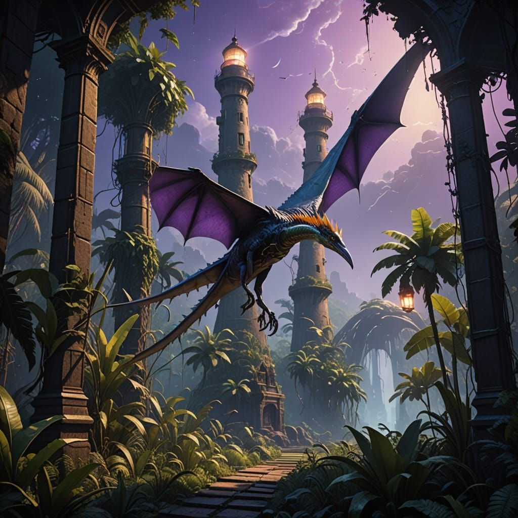 Quetzalcoatlus Approaches Bioluminescent Lighthouse: Digital...