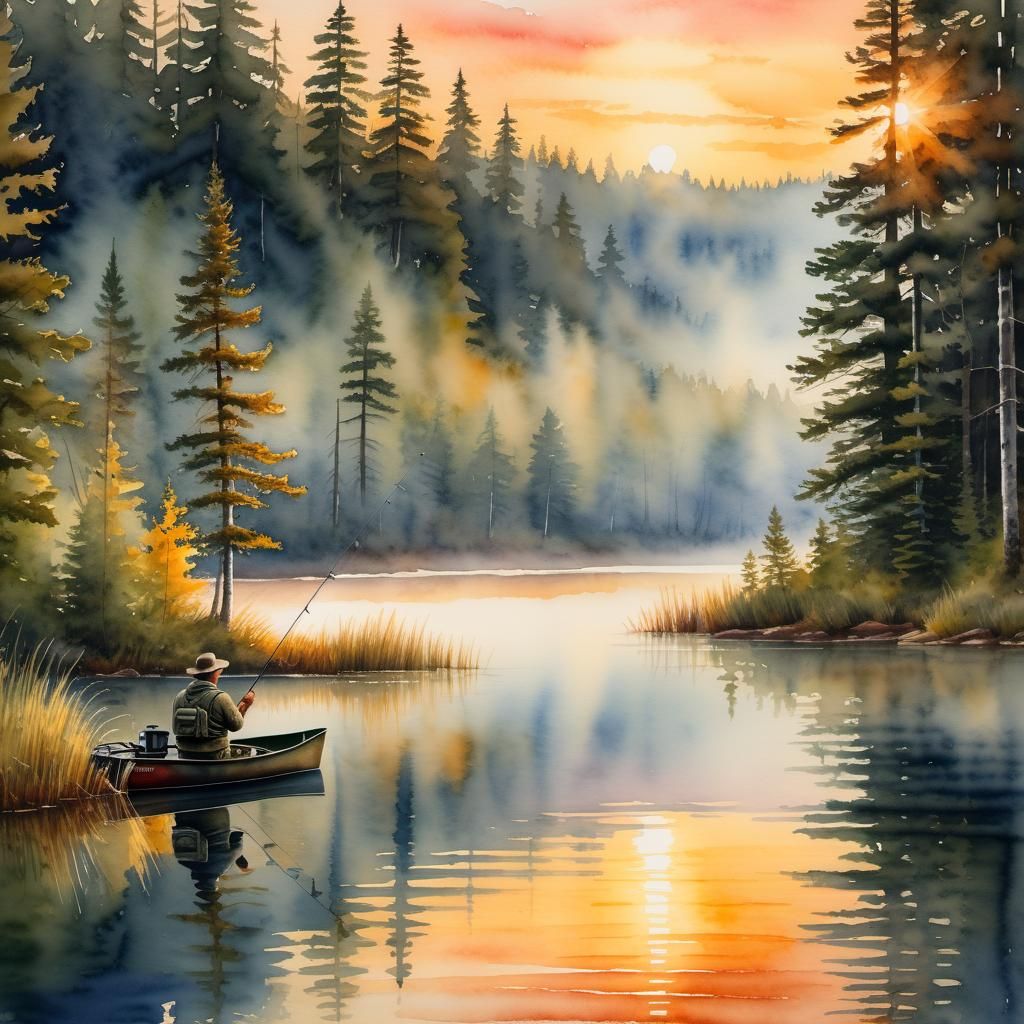 Angler at Northwoods Lake Sunrise: Watercolor Style