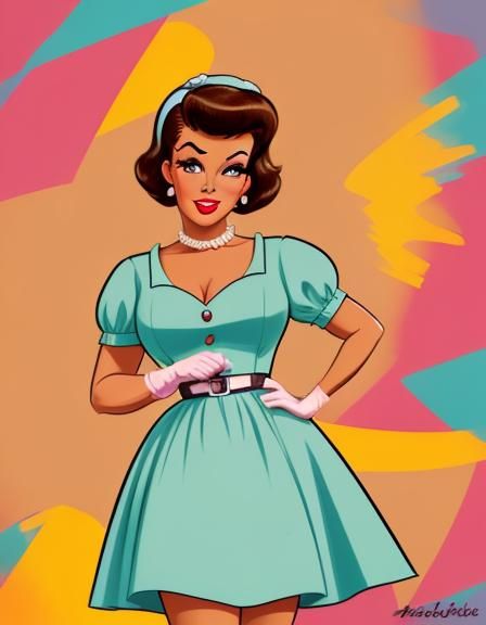1950s Housewife Portrait in Cartoon Style