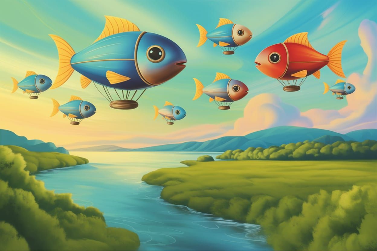 Airships Shaped Like Fish in Airbrushed Sky