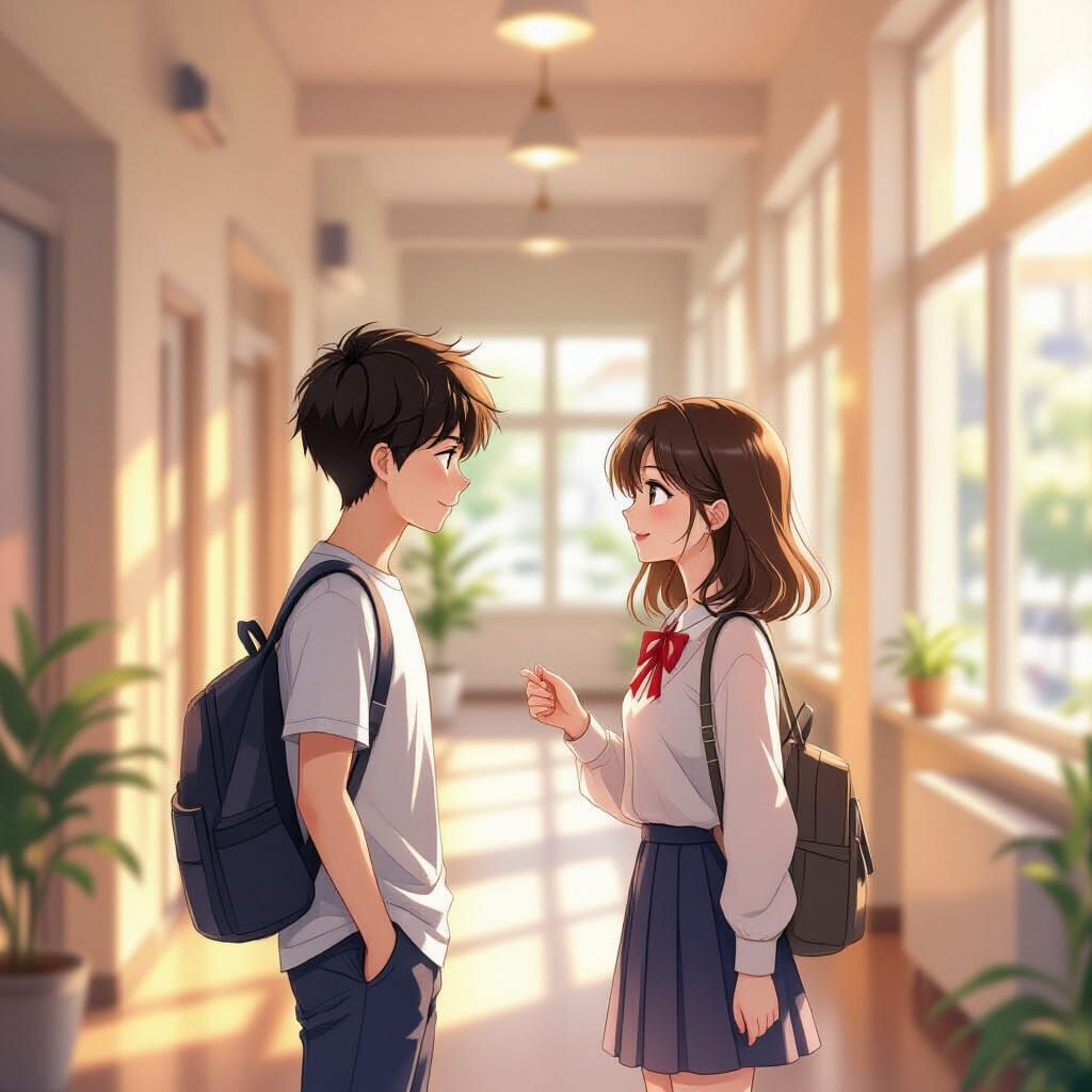 Romantic Manhwa Scene: Students Share A Glance in Sunlit Hal...